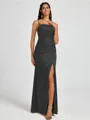 Sheath Spaghetti Straps Pleated Floor-Length Silk Like Satin Corset Bridesmaid Dress