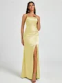 Sheath Spaghetti Straps Pleated Floor-Length Silk Like Satin Corset Bridesmaid Dress