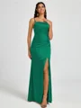 Sheath Spaghetti Straps Pleated Floor-Length Silk Like Satin Corset Bridesmaid Dress