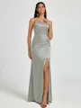 Sheath Spaghetti Straps Pleated Floor-Length Silk Like Satin Corset Bridesmaid Dress
