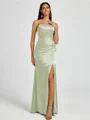Sheath Spaghetti Straps Pleated Floor-Length Silk Like Satin Corset Bridesmaid Dress
