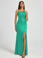 Sheath Spaghetti Straps Pleated Floor-Length Silk Like Satin Corset Bridesmaid Dress