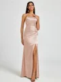 Sheath Spaghetti Straps Pleated Floor-Length Silk Like Satin Corset Bridesmaid Dress