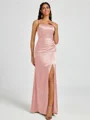 Sheath Spaghetti Straps Pleated Floor-Length Silk Like Satin Corset Bridesmaid Dress