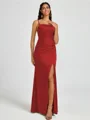 Sheath Spaghetti Straps Pleated Floor-Length Silk Like Satin Corset Bridesmaid Dress