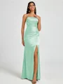 Sheath Spaghetti Straps Pleated Floor-Length Silk Like Satin Corset Bridesmaid Dress