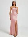 Sheath Spaghetti Straps Pleated Floor-Length Silk Like Satin Corset Bridesmaid Dress