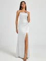 Sheath Spaghetti Straps Pleated Floor-Length Silk Like Satin Corset Bridesmaid Dress