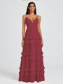 A-line V-neck Cascading Ruffles Floor-Length Chiffon Bridesmaid Dress