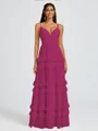 A-line V-neck Cascading Ruffles Floor-Length Chiffon Bridesmaid Dress
