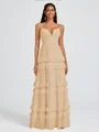 A-line V-neck Cascading Ruffles Floor-Length Chiffon Bridesmaid Dress