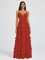 A-line V-neck Cascading Ruffles Floor-Length Chiffon Bridesmaid Dress