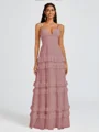 A-line V-neck Cascading Ruffles Floor-Length Chiffon Bridesmaid Dress