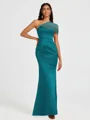 Sheath One-Shoulder Pleated Floor-Length Satin Bridesmaid Dress
