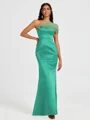 Sheath One-Shoulder Pleated Floor-Length Satin Bridesmaid Dress
