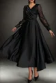 A-line V-neck Long Sleeves Pleated Tea-Length Silk Like Satin Corset Mother of the Bride Dress