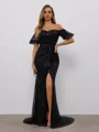 Sheath Off-the-Shoulder Short Sleeves Sequin Sweep Train Dress