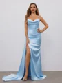 Sheath Spaghetti Straps Pleated Sweep Train Silk Like Satin Corset Dress