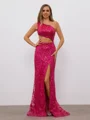 Sheath One-Shoulder Sequin Sweep Train Lace Dress