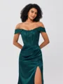 Sheath Off-the-Shoulder Appliques Lace Sweep Train Silk Like Satin Corset Dress