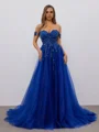 A-line Off-the-Shoulder Appliques Lace Sweep Train Tulle Corset Dress