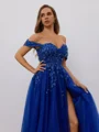 A-line Off-the-Shoulder Appliques Lace Sweep Train Tulle Corset Dress