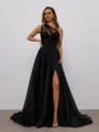 A-line One-Shoulder Appliques Lace Sweep Train Tulle Corset Dress