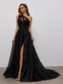 A-line One-Shoulder Appliques Lace Sweep Train Tulle Corset Dress