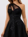A-line One-Shoulder Appliques Lace Sweep Train Tulle Corset Dress