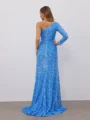 Sheath One-Shoulder Long Sleeves Sweep Train Velvet Sequins Dress