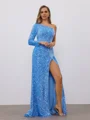 Sheath One-Shoulder Long Sleeves Sweep Train Velvet Sequins Dress