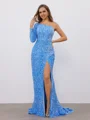 Sheath One-Shoulder Long Sleeves Sweep Train Velvet Sequins Dress