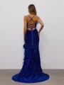 Sheath V-neck Feather Sweep Train Velvet Sequins Dress