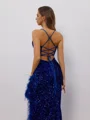 Sheath V-neck Feather Sweep Train Velvet Sequins Dress