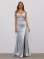 Sheath Straight Pleated Sweep Train Silk Like Satin Dress