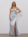 Sheath Straight Pleated Sweep Train Silk Like Satin Dress