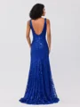 Sheath V-neck Sequin Sweep Train Lace Dress