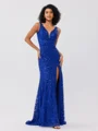 Sheath V-neck Sequin Sweep Train Lace Dress