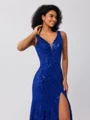 Sheath V-neck Sequin Sweep Train Lace Dress