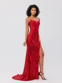 Sheath Spaghetti Straps Appliques Lace Sweep Train Sequins Corset Dress