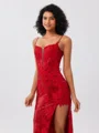 Sheath Spaghetti Straps Appliques Lace Sweep Train Sequins Corset Dress