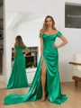 Sheath Off-the-Shoulder Pleated Sweep Train Silk Like Satin Dress