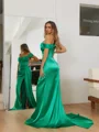 Sheath Off-the-Shoulder Pleated Sweep Train Silk Like Satin Dress