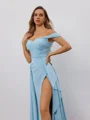 Sheath Off-the-Shoulder Pleated Sweep Train Jersey Dress