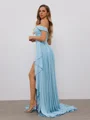 Sheath Off-the-Shoulder Pleated Sweep Train Jersey Dress