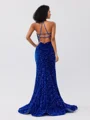 Sheath V-neck Sweep Train Velvet Sequins Dress