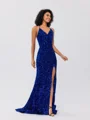 Sheath V-neck Sweep Train Velvet Sequins Dress