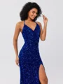 Sheath V-neck Sweep Train Velvet Sequins Dress
