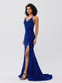 Sheath V-neck Sweep Train Velvet Sequins Dress