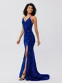 Sheath V-neck Sweep Train Velvet Sequins Dress